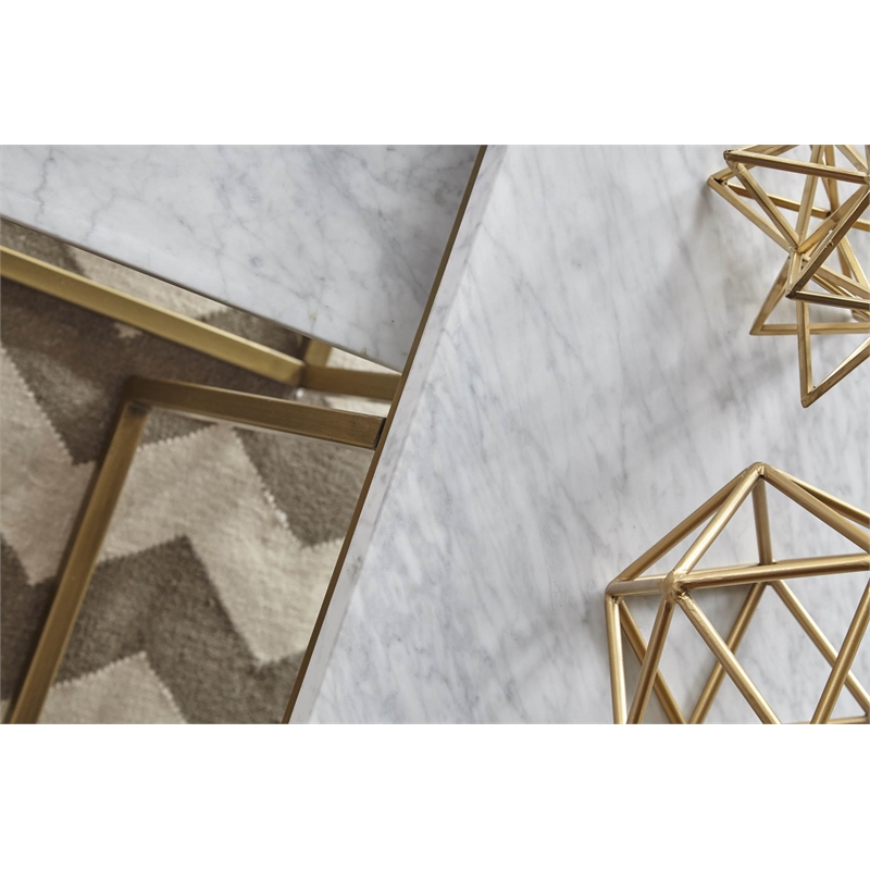Pemberly Row Marble Veneer Nesting Coffee Table in White/Gold