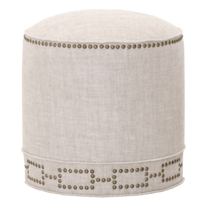 Pemberly Row Round Fabric Ottoman With Nail Head Design in Beige