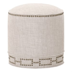 Pemberly Row Round Fabric Ottoman With Nail Head Design in Beige