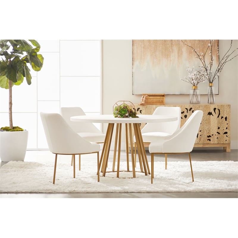 Pemberly Row Fabric Dining Chair With Brushed Gold Base in White (Set of 2)