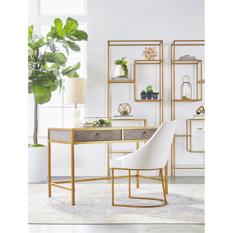 Pemberly Row Fabric Dining Chair With Brushed Gold Base in White (Set of 2)