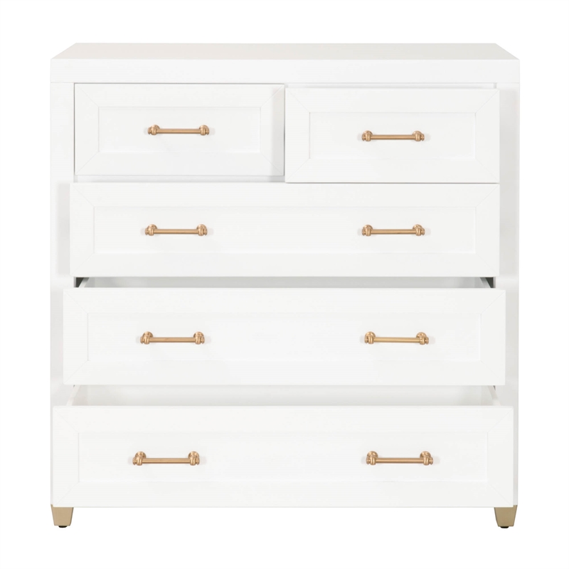 Pemberly Row 5-Drawer Wood High Chest With Brass Accents in White