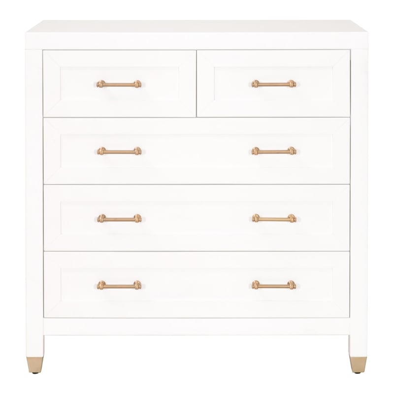 Pemberly Row 5-Drawer Wood High Chest With Brass Accents in White