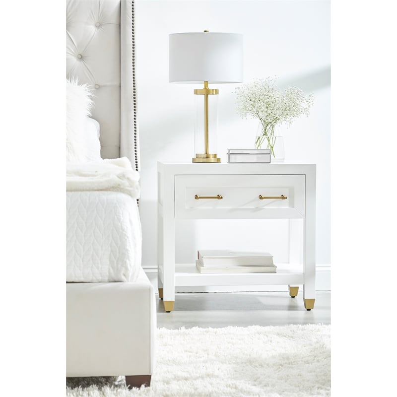 Pemberly Row 1-Drawer Wood Nightstand With Brass Accents in White