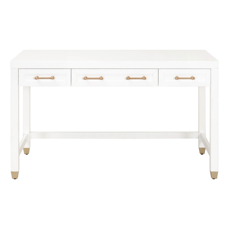 Pemberly Row 3-Drawer Wood Desk With Brass Accents in Matte White