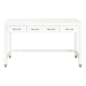 Pemberly Row 3-Drawer Wood Desk With Brass Accents in Matte White