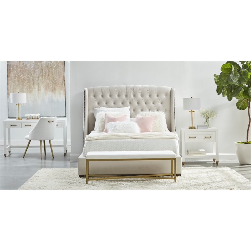 Pemberly Row 3-Drawer Wood Desk With Brass Accents in Matte White