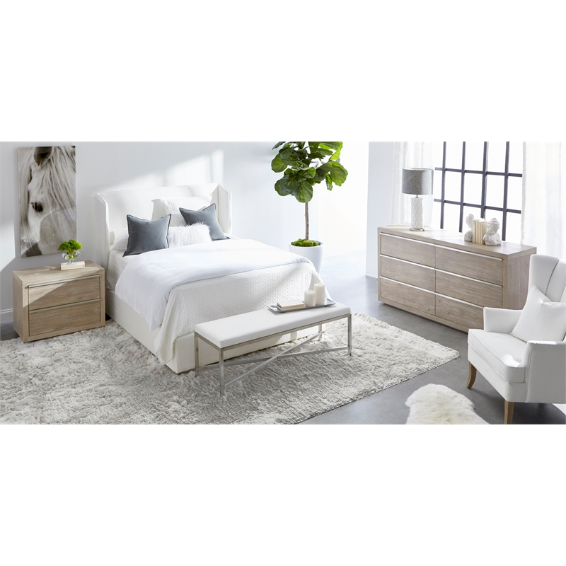 Pemberly Row Upholstered Wingback Fabric King Bed Frame in White
