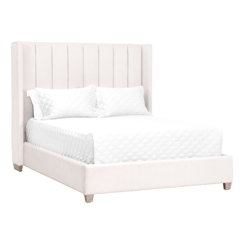 Pemberly Row Contemporary Velvet Queen Bed With Oak Legs in Cream
