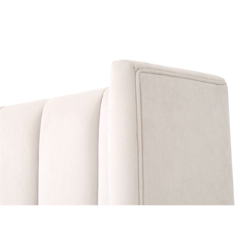 Pemberly Row Contemporary Velvet Queen Bed With Oak Legs in Cream