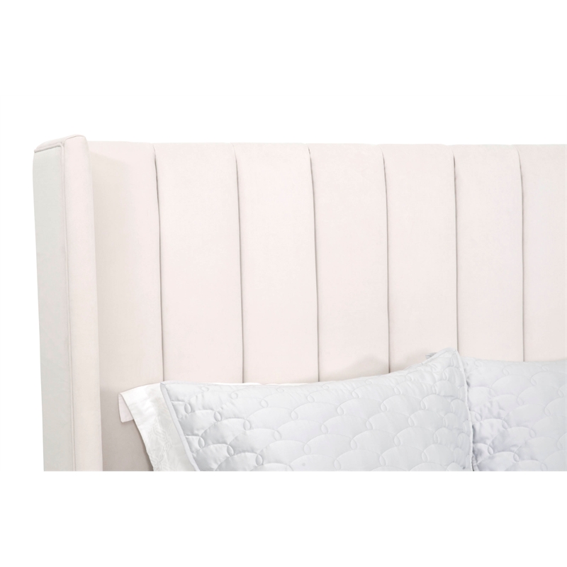 Pemberly Row Contemporary Velvet Queen Bed With Oak Legs in Cream