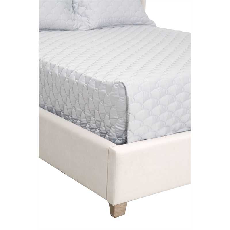 Pemberly Row Contemporary Velvet Queen Bed With Oak Legs in Cream