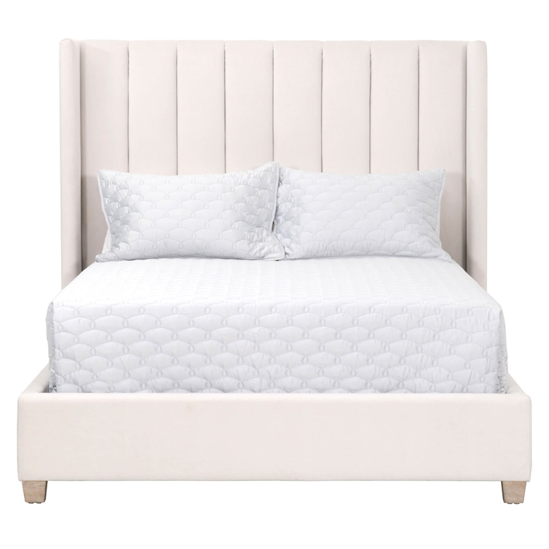 Pemberly Row Contemporary Velvet Queen Bed With Oak Legs in Cream