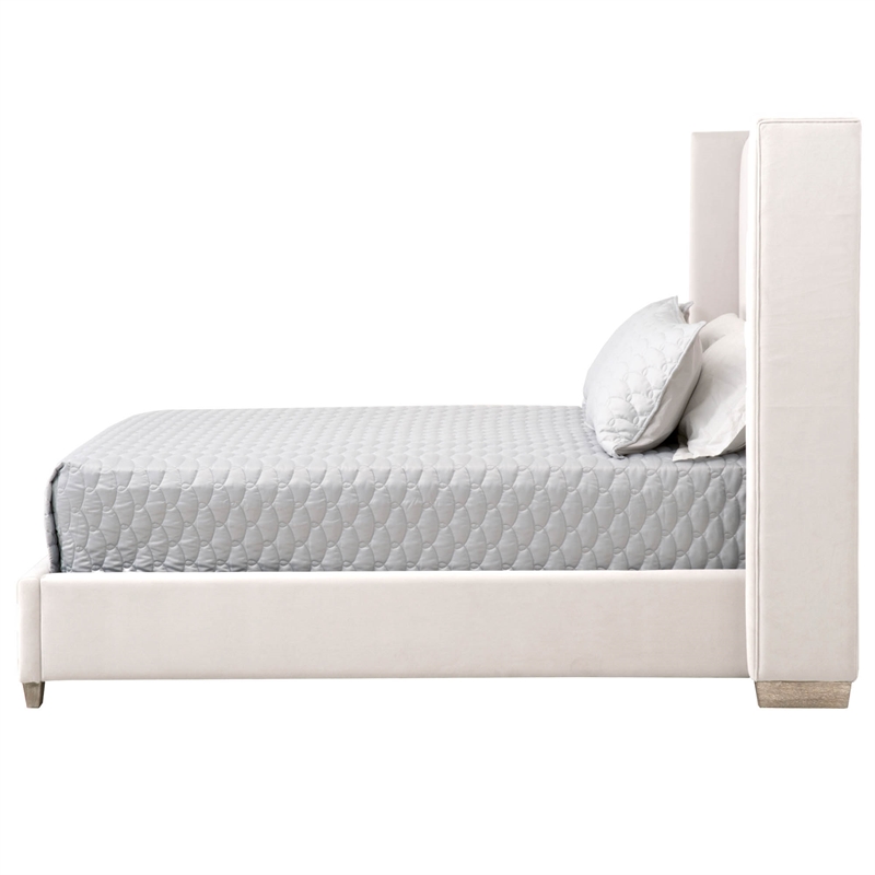 Pemberly Row Contemporary Velvet Cal King Bed With Oak Legs in Cream