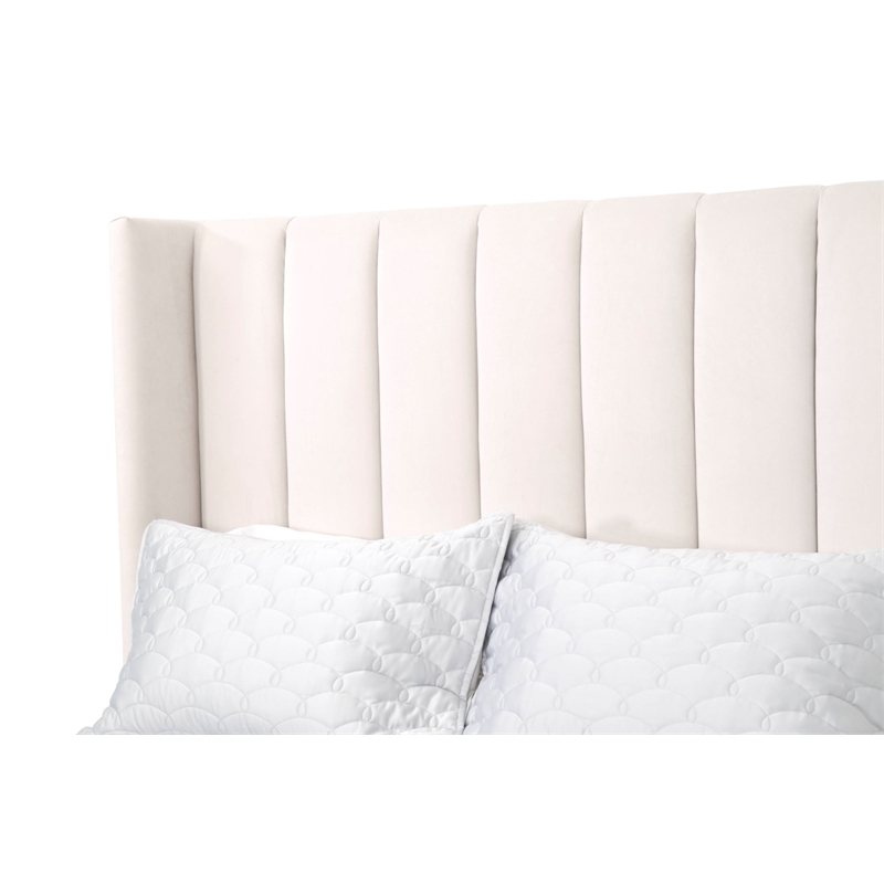 Pemberly Row Contemporary Velvet Cal King Bed With Oak Legs in Cream
