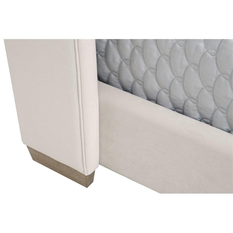 Pemberly Row Contemporary Velvet Cal King Bed With Oak Legs in Cream