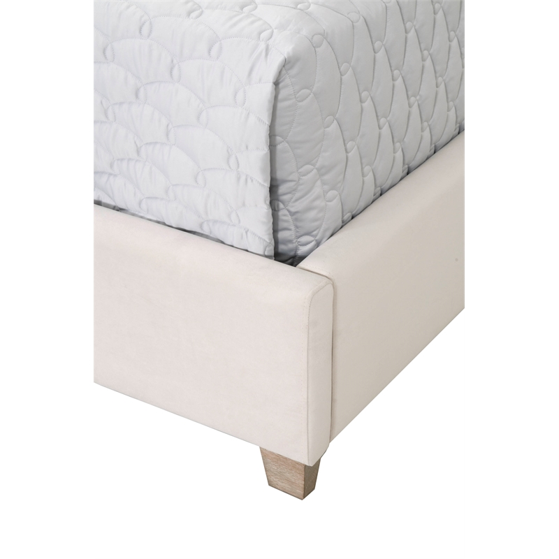 Pemberly Row Contemporary Velvet Cal King Bed With Oak Legs in Cream