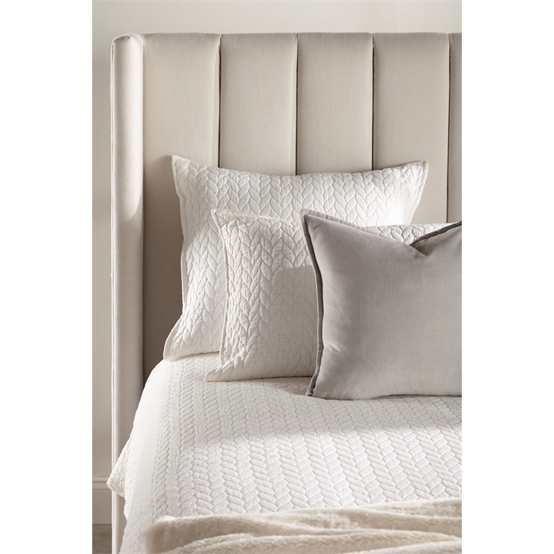 Pemberly Row Contemporary Velvet Cal King Bed With Oak Legs in Cream