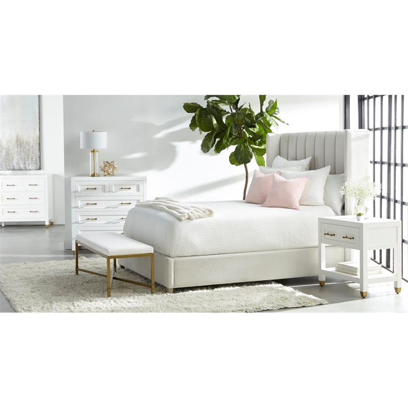Pemberly Row Contemporary Velvet King Bed With Solid Oak Legs in Cream