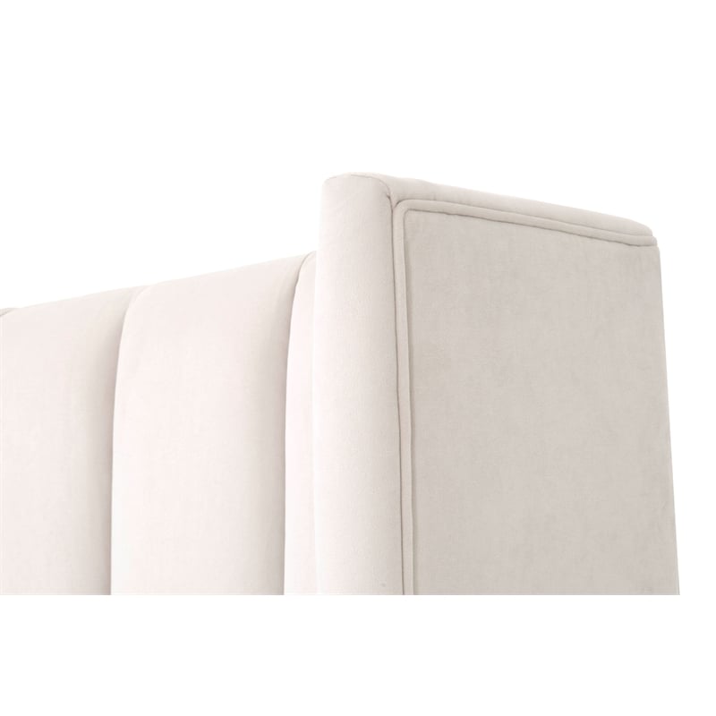 Pemberly Row Contemporary Velvet King Bed With Solid Oak Legs in Cream