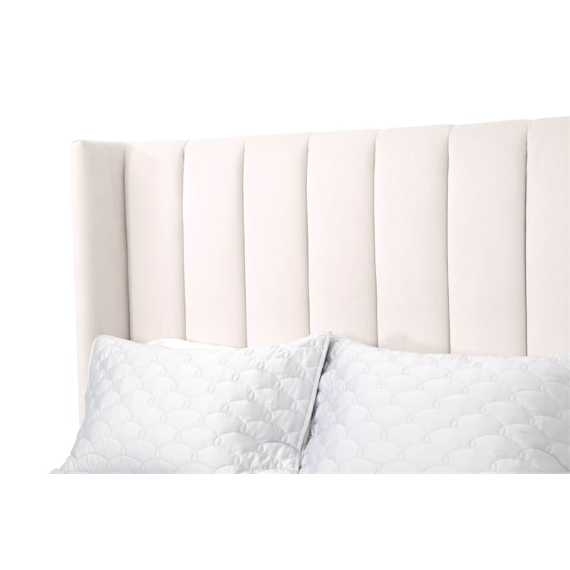 Pemberly Row Contemporary Velvet King Bed With Solid Oak Legs in Cream