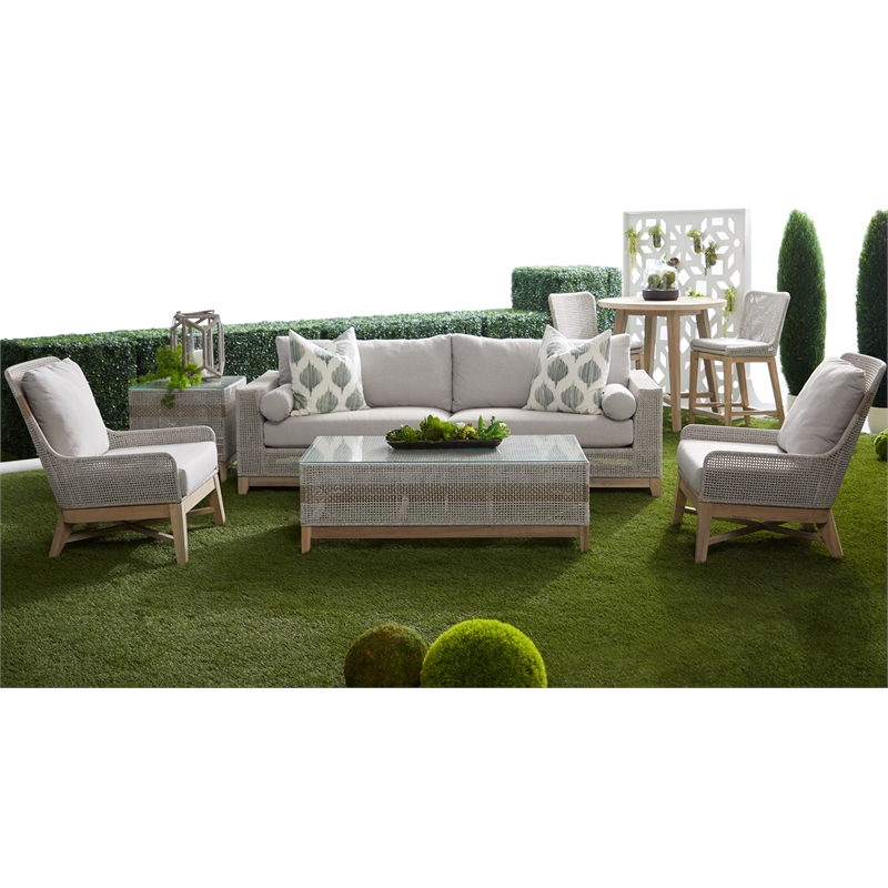 Pemberly Row Rope Weave Outdoor Coffee Table With Glass Top in Gray