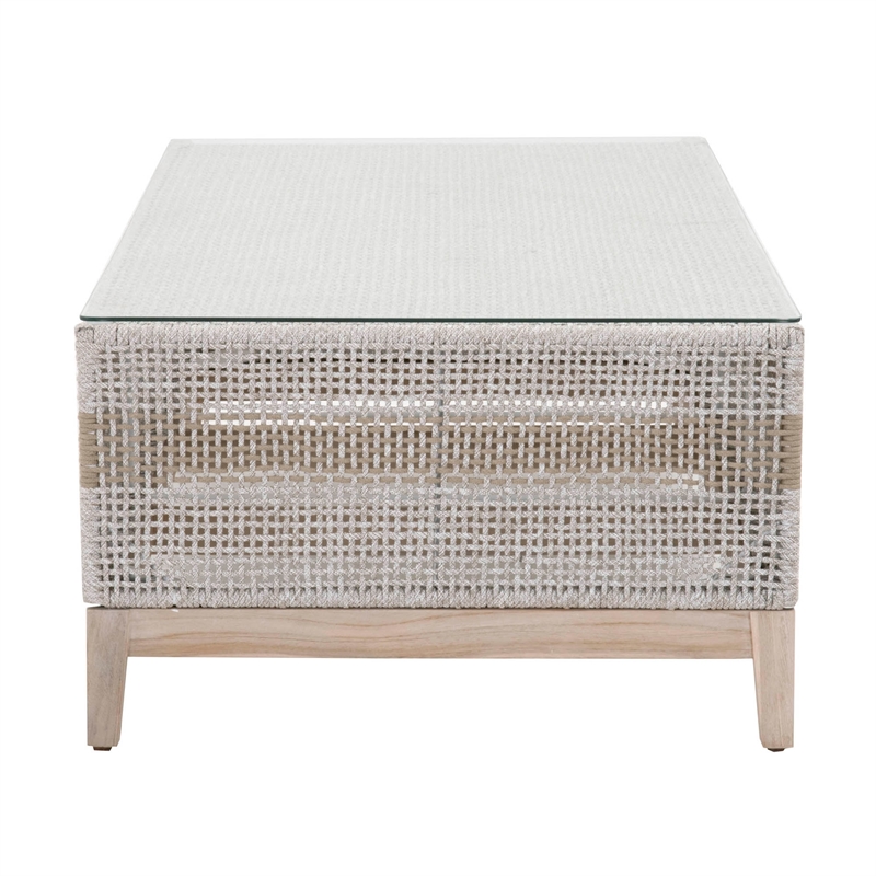 Pemberly Row Rope Weave Outdoor Coffee Table With Glass Top in Gray
