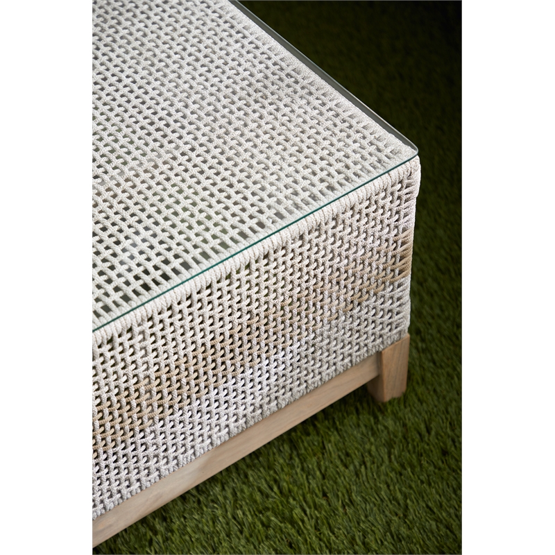 Pemberly Row Rope Weave Outdoor Coffee Table With Glass Top in Gray