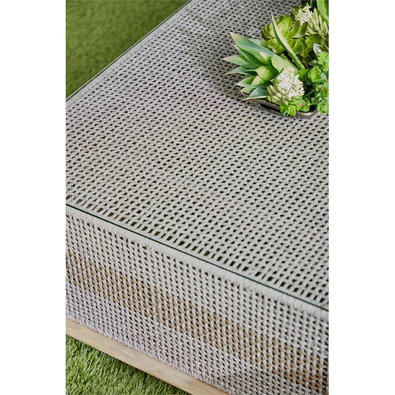 Pemberly Row Rope Weave Outdoor Coffee Table With Glass Top in Gray
