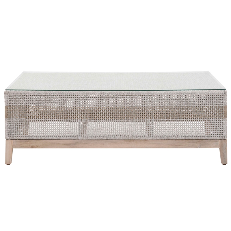 Pemberly Row Rope Weave Outdoor Coffee Table With Glass Top in Gray