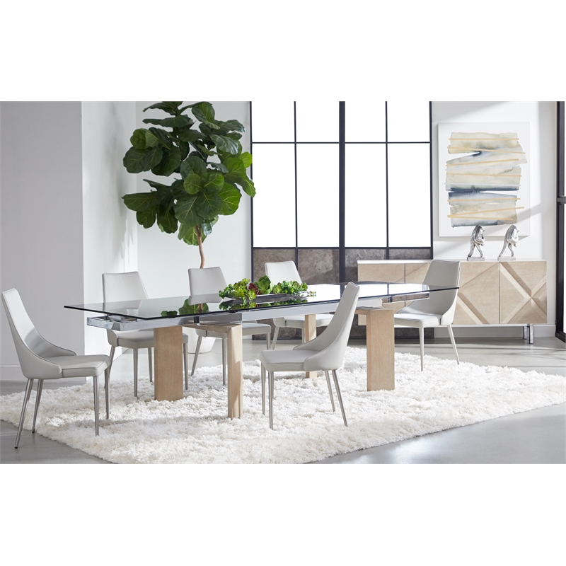 Pemberly Row Glass Top Wood Extension Dining Table Seats 8 in Gray