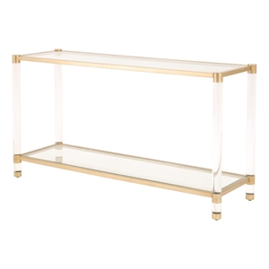 Pemberly Row Glass Top Metal Console Table With Acrylic Legs in Brass