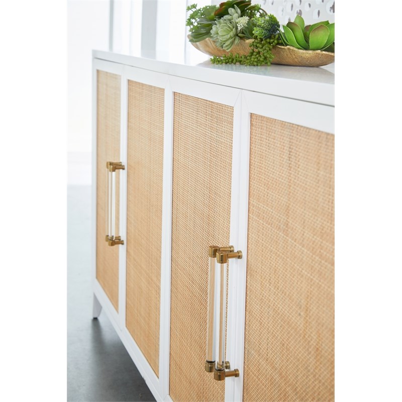 Pemberly Row Contemporary Rattan Inlay Wood Media Sideboard in White