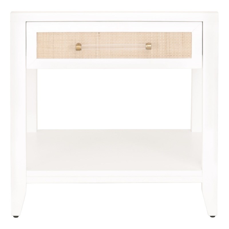 Pemberly Row Contemporary 1-Drawer Rattan Inlay Wood Side Table in White