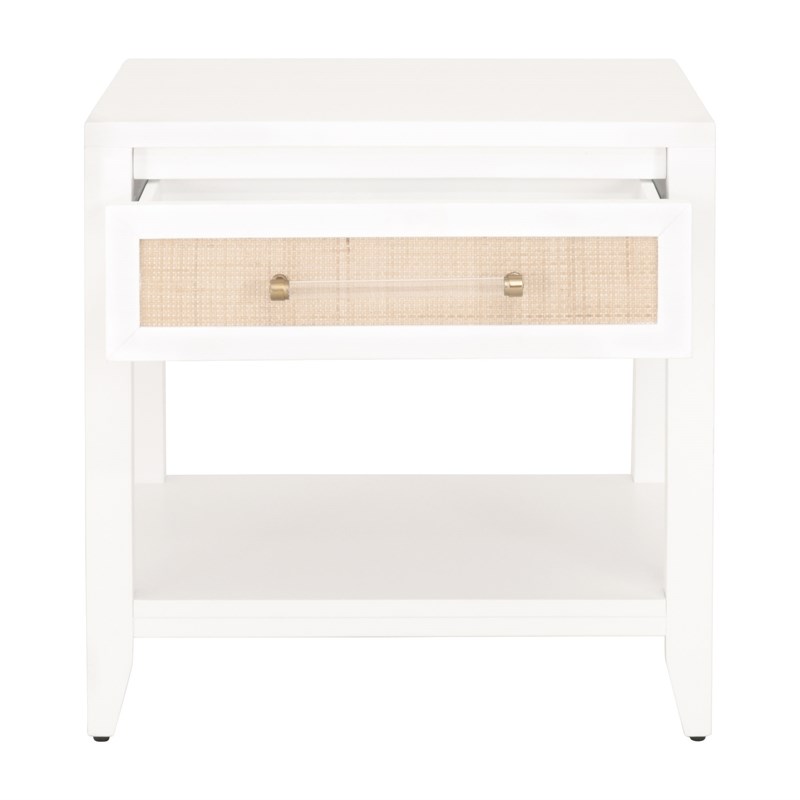 Pemberly Row Contemporary 1-Drawer Rattan Inlay Wood Side Table in White