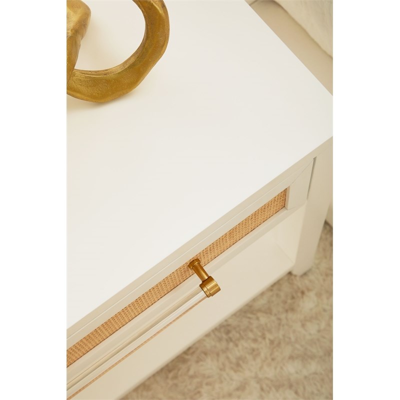 Pemberly Row Contemporary 1-Drawer Rattan Inlay Wood Side Table in White
