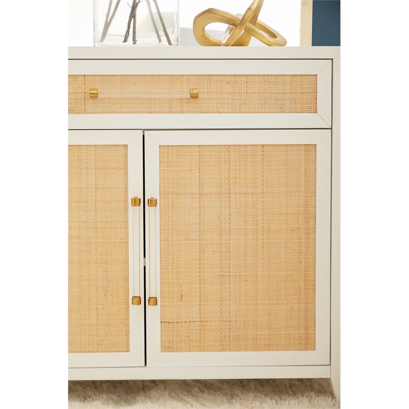 Pemberly Row Rattan Inlay Wood Media Chest With Storage in White