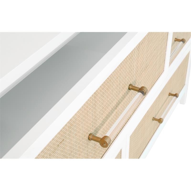 Pemberly Row Contemporary 6-Drawer Rattan Inlay Wood Dresser in White