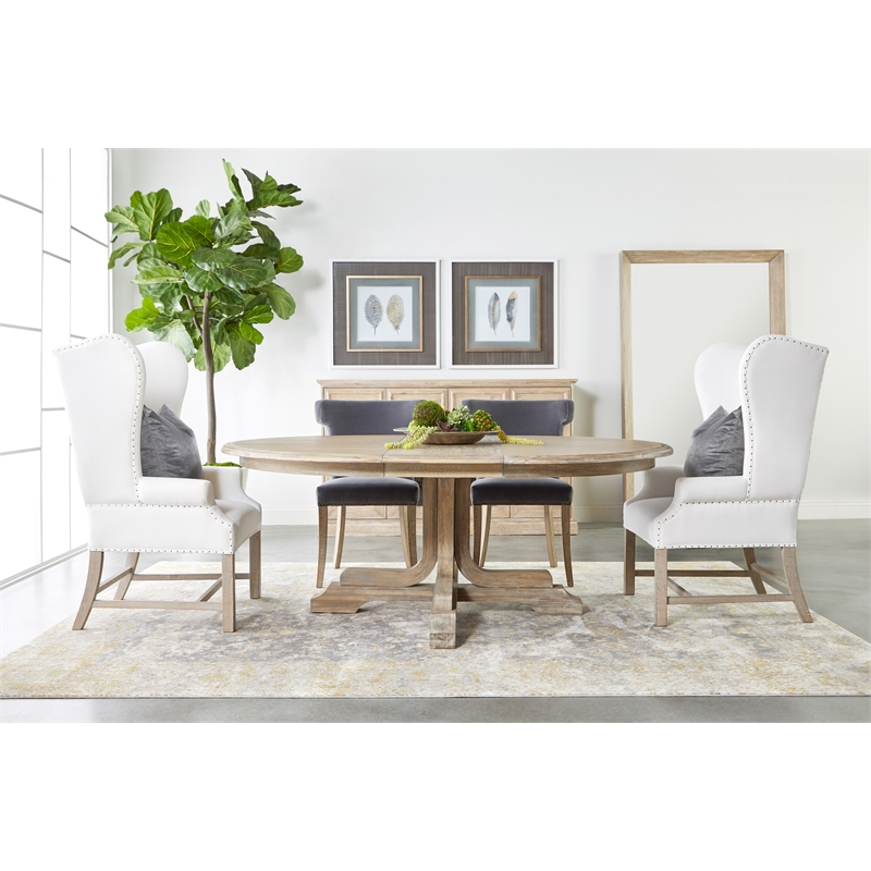 Pemberly Row Contemporary Wingback Fabric Dining Arm Chair in White/Gray