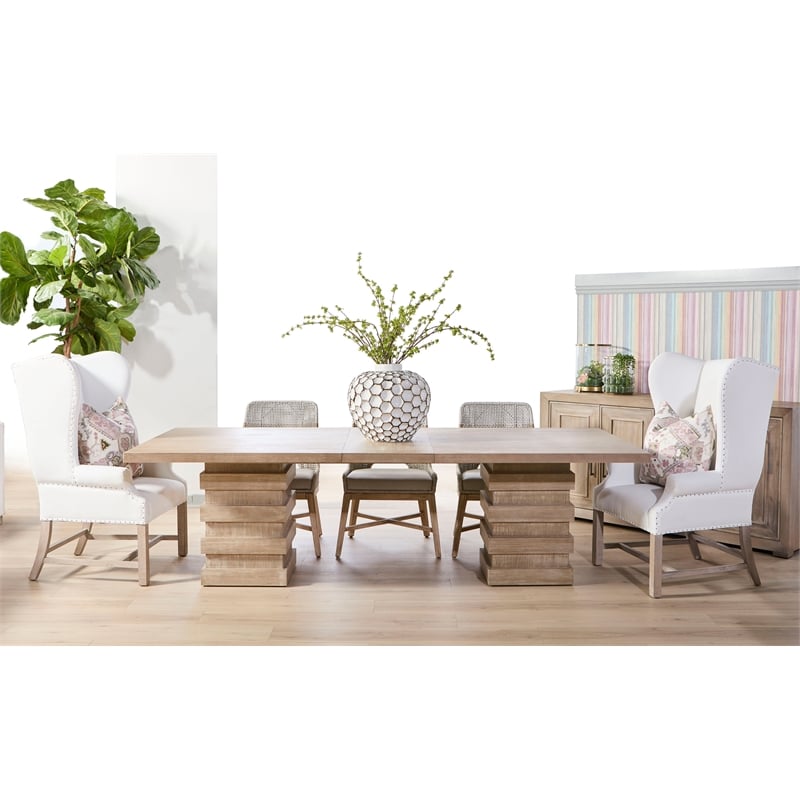 Pemberly Row Contemporary Wingback Fabric Dining Arm Chair in White/Gray