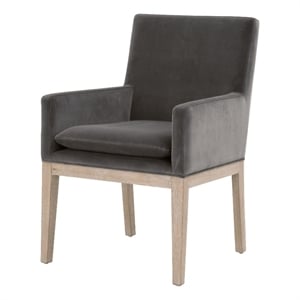 Pemberly Row Contemporary Velvet Arm Chair With Solid Oak Base in Gray