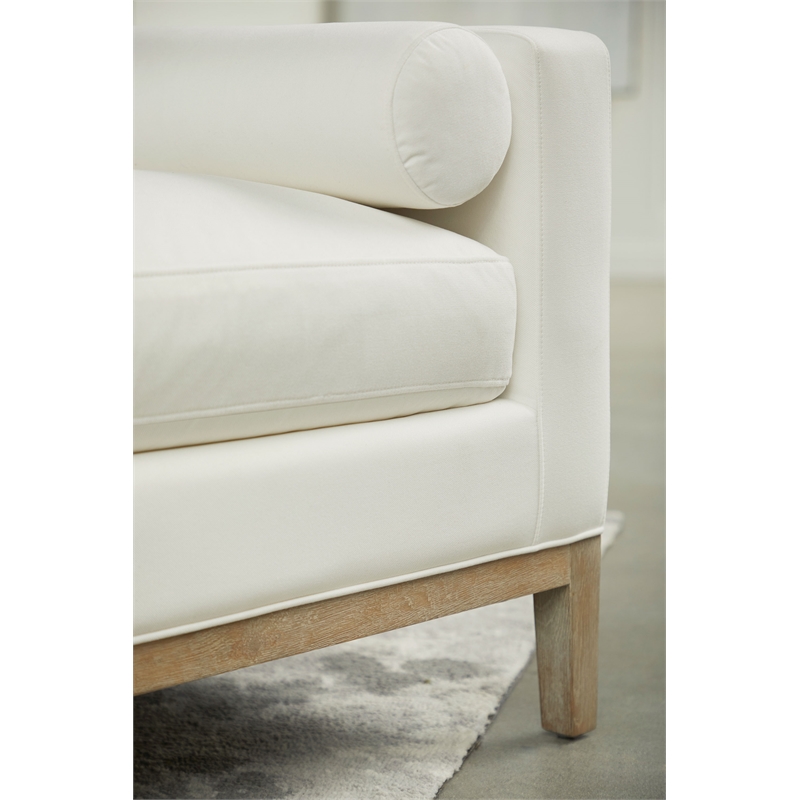 Pemberly Row Upholstered Oak Bench With Bolster Pillows in White