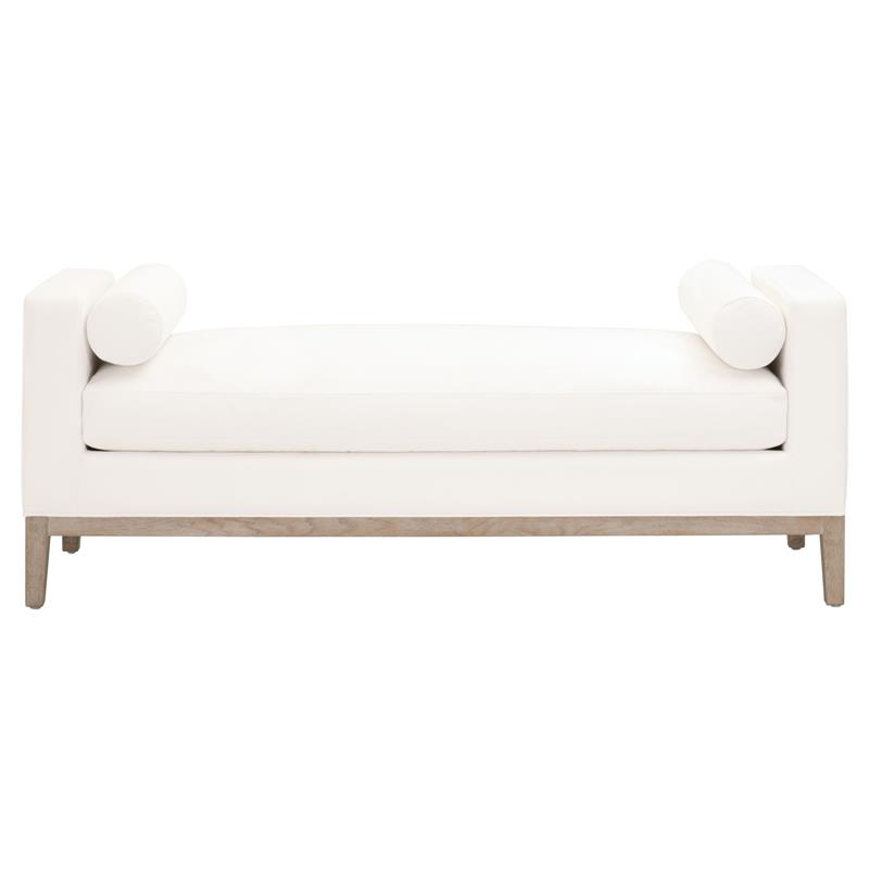 Pemberly Row Upholstered Oak Bench With Bolster Pillows in White