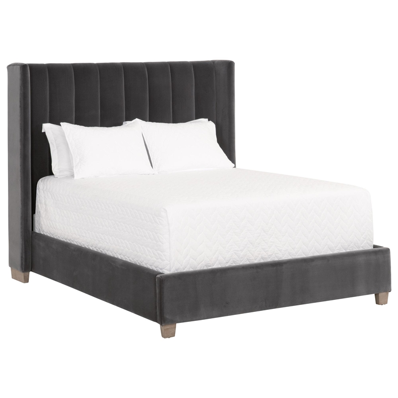 Pemberly Row Upholstered Velvet Queen Bed With Wing Headboard in Dove Gray