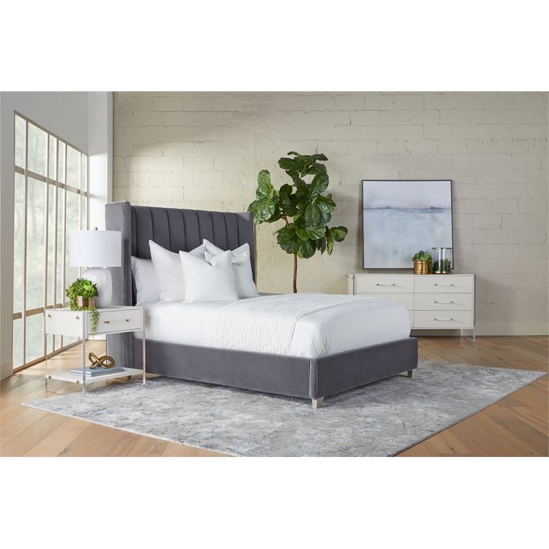 Pemberly Row Upholstered Velvet Queen Bed With Wing Headboard in Dove Gray
