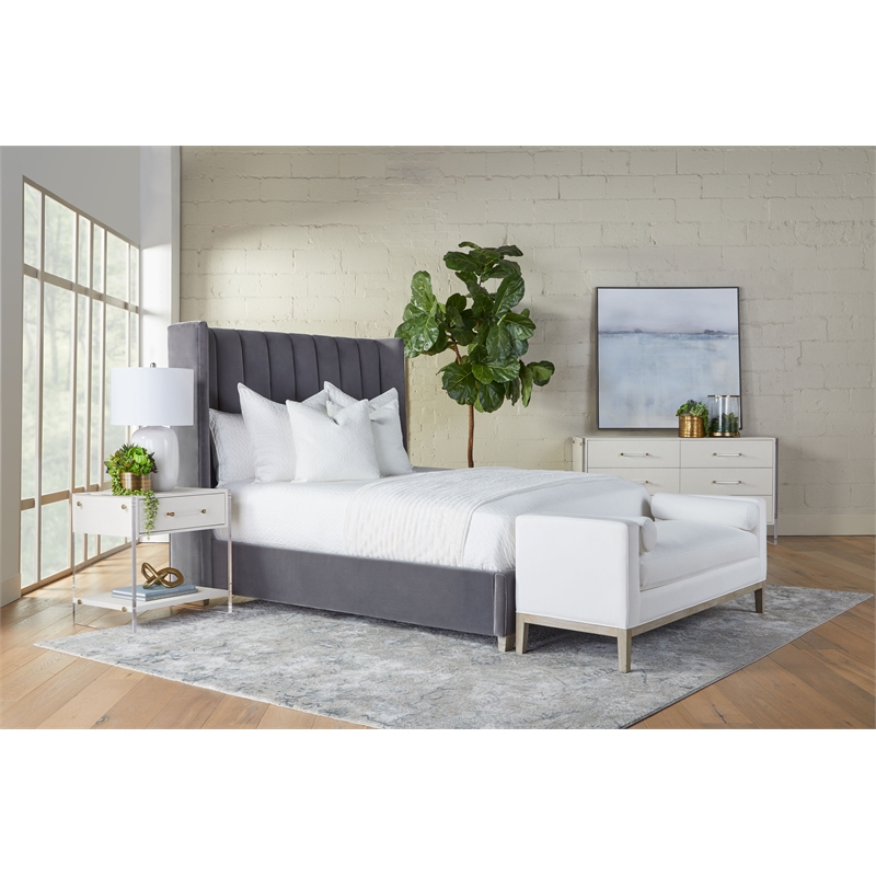 Pemberly Row Upholstered Velvet Queen Bed With Wing Headboard in Dove Gray