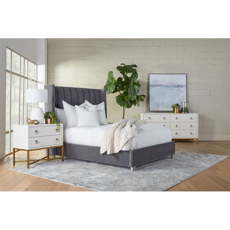 Pemberly Row Upholstered Velvet Queen Bed With Wing Headboard in Dove Gray