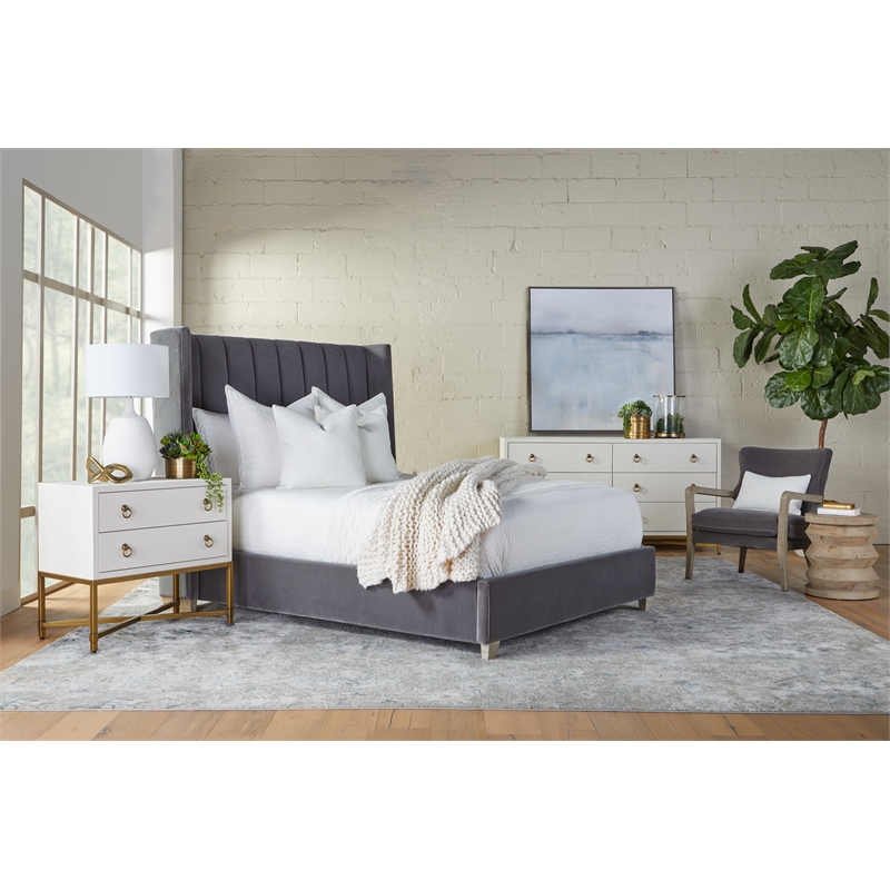 Pemberly Row Upholstered Velvet Queen Bed With Wing Headboard in Dove Gray
