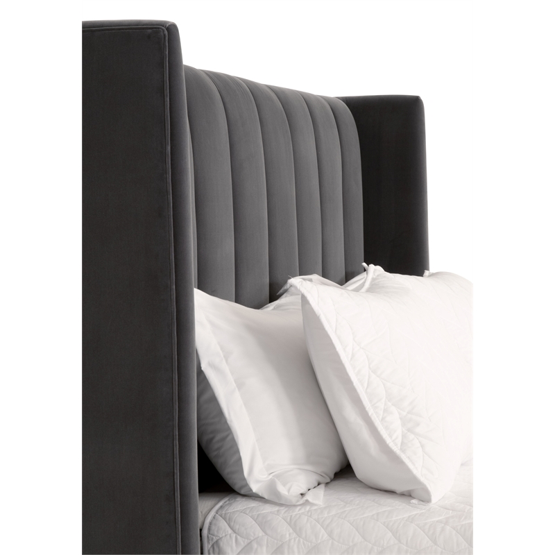 Pemberly Row Upholstered Velvet Queen Bed With Wing Headboard in Dove Gray