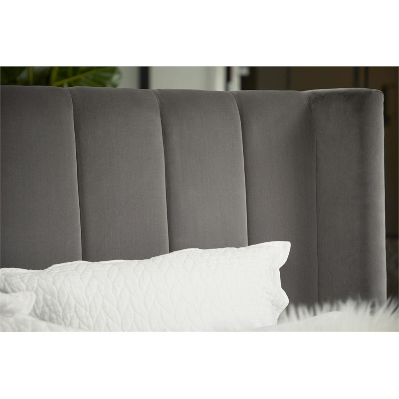 Pemberly Row Upholstered Velvet Queen Bed With Wing Headboard in Dove Gray